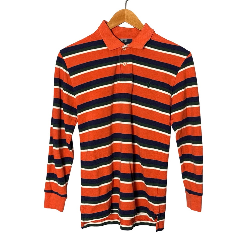 Polo Ralph Lauren Kids M 10-12 Long Sleeve Striped Orange Cotton Polo Shirt